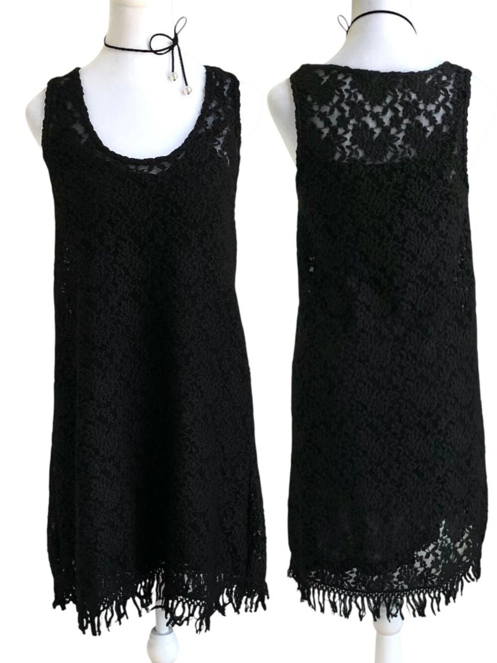 Whimsigoth Black Dress Lace Mesh Sleeveless Fringe Hem (M)